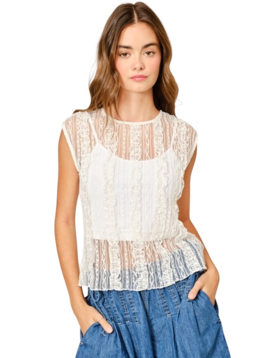 Aaron & Amber Tops - Sheer White Lace Ruffle Cap-Sleeve Blouse
